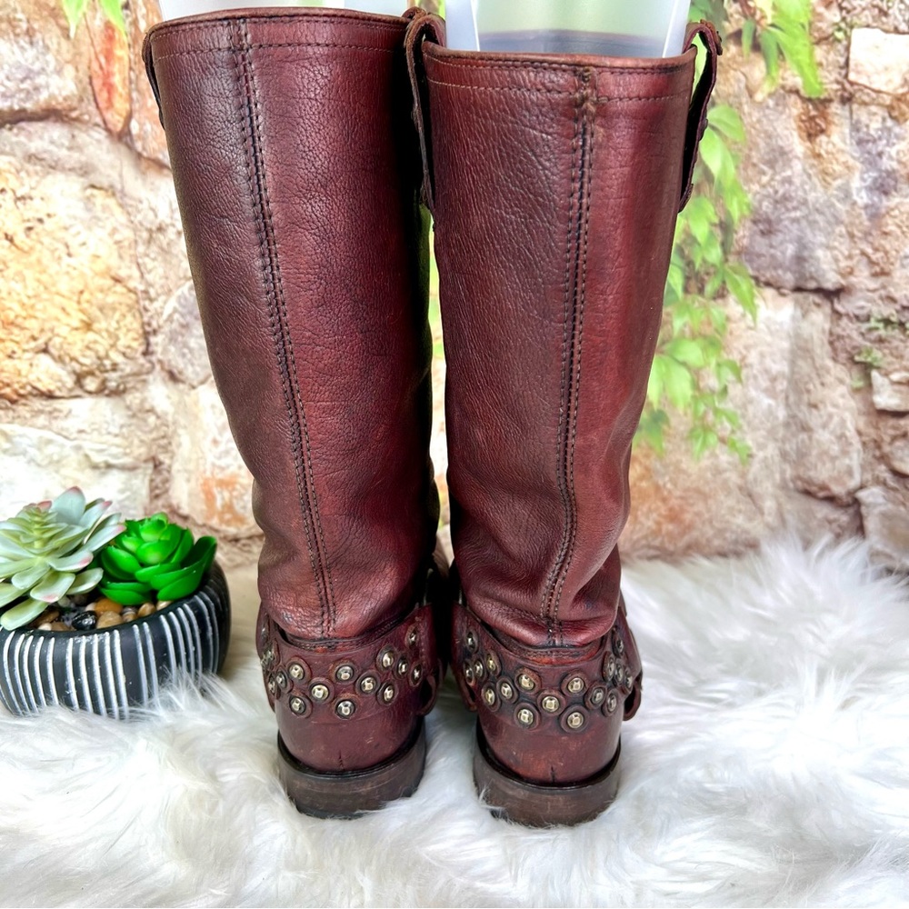 FRYE Heath Disc Harness Distressed Cognac Leather Boots, Beautiful Patina, 6B - Picture 12 of 16